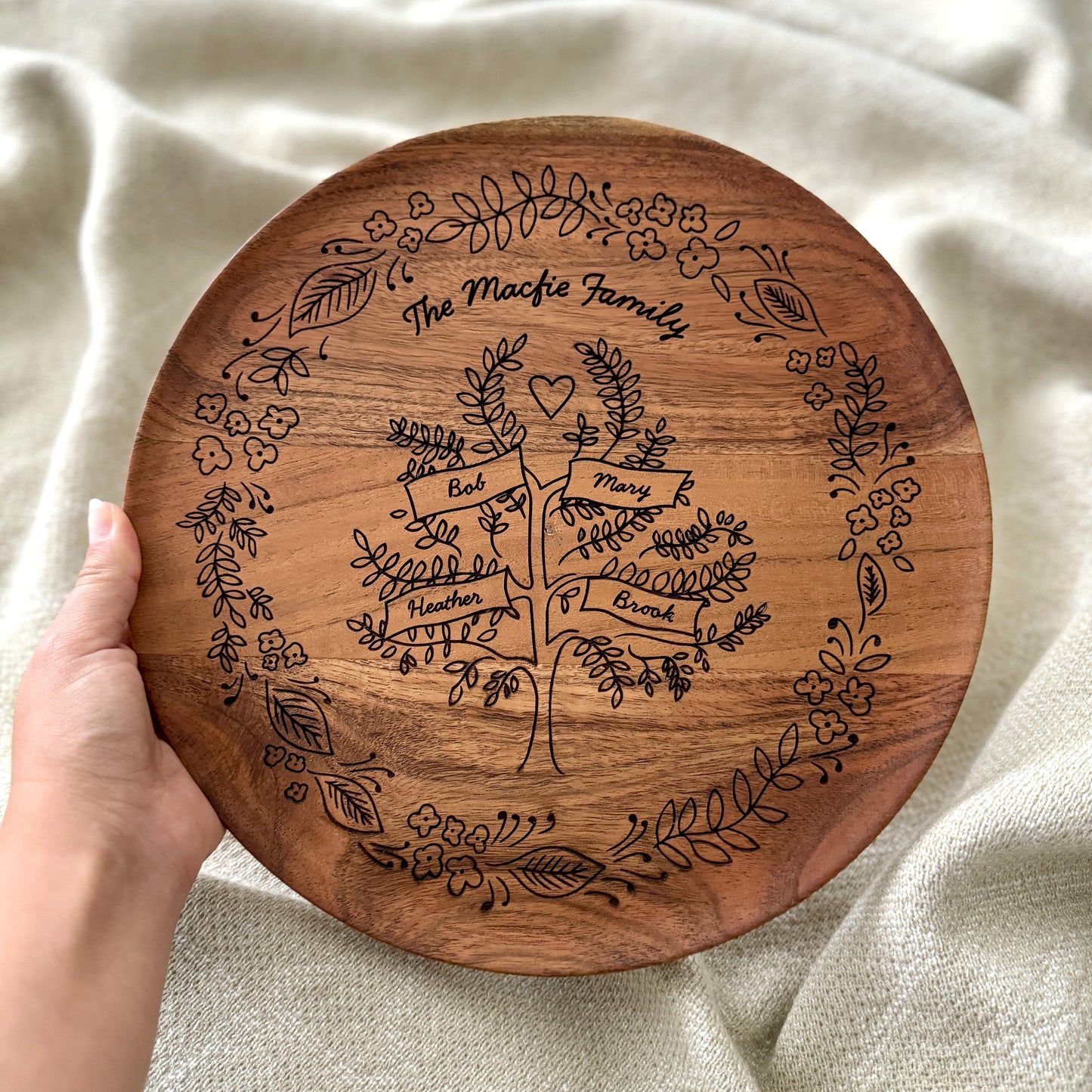 Custom Family Tree Plate - Acacia Wood